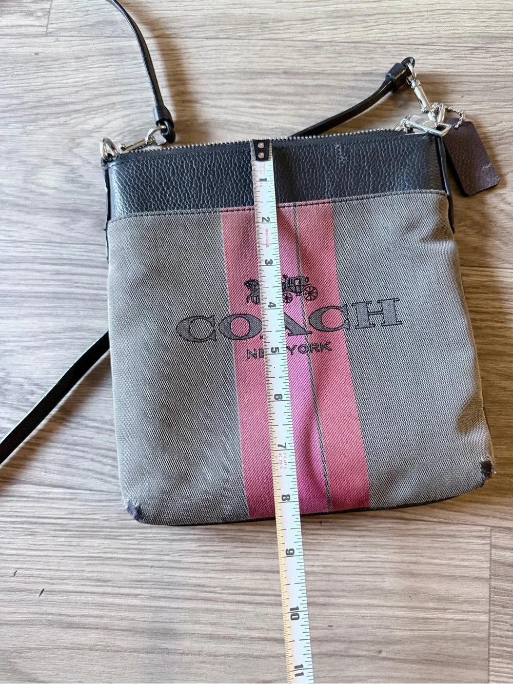 Coach New York Gray & Pink Stripe Canvas Crossbody Bag Authentic